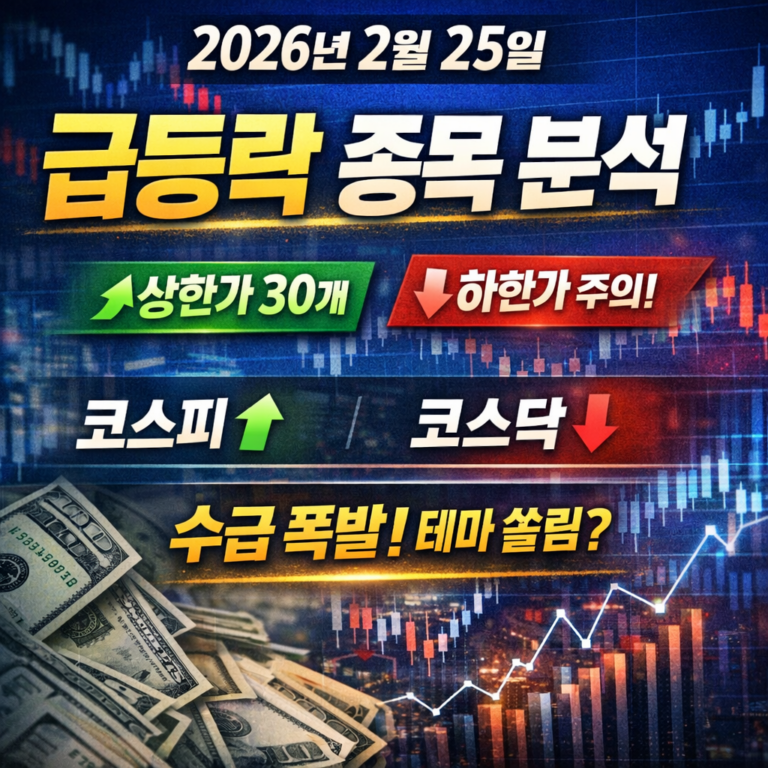📊 2026년 02월 25일 급등락 종목 분석 | ⚖️ 코스피·코스닥 엇갈림 속 상한가 30개… “수급 쏠림”이 만든 하루